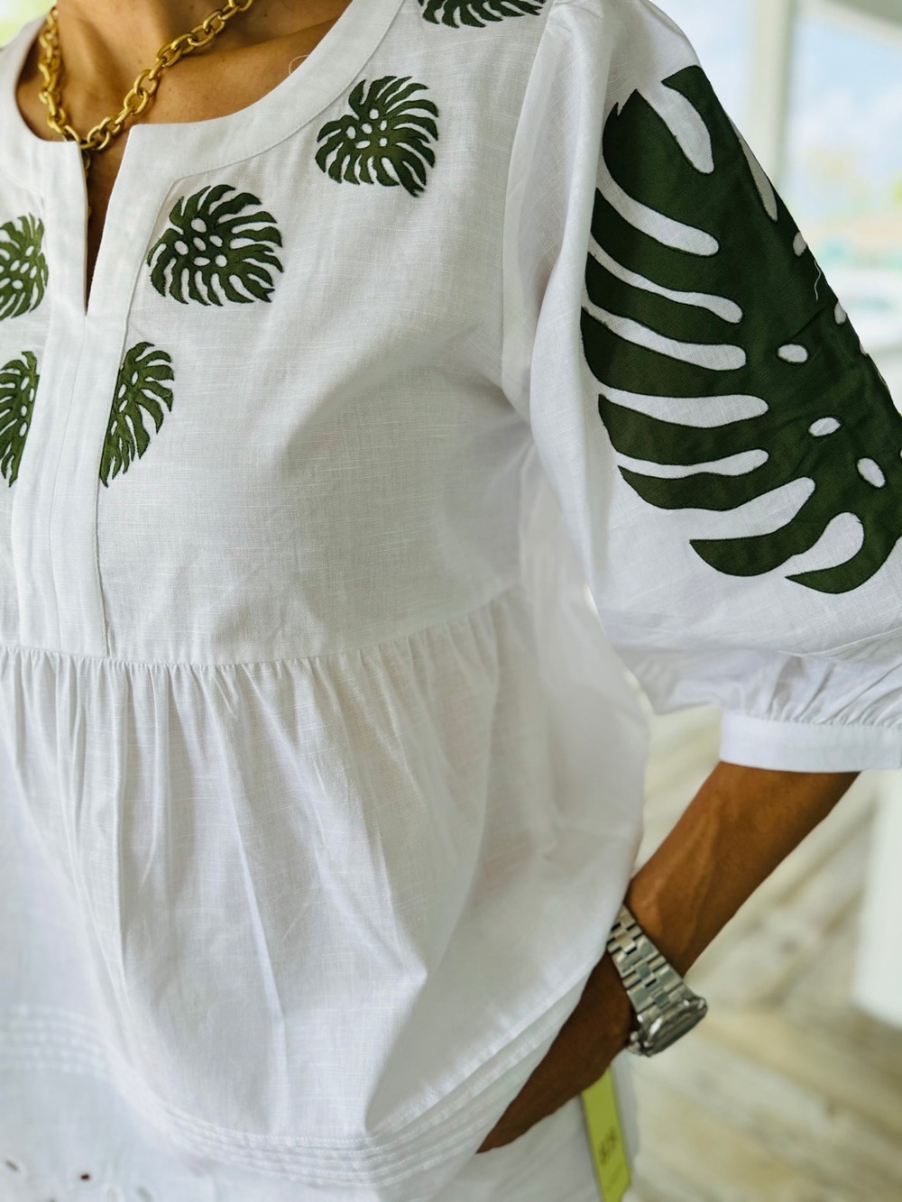 White Cotton Peasant Blouse with Green Leaf Print